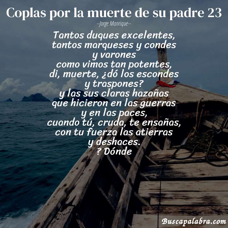 Poema coplas por la muerte de su padre 23 de Jorge Manrique con fondo de barca