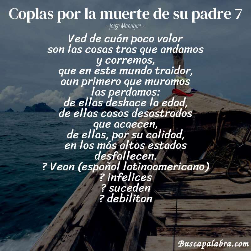 Poema coplas por la muerte de su padre 7 de Jorge Manrique con fondo de barca