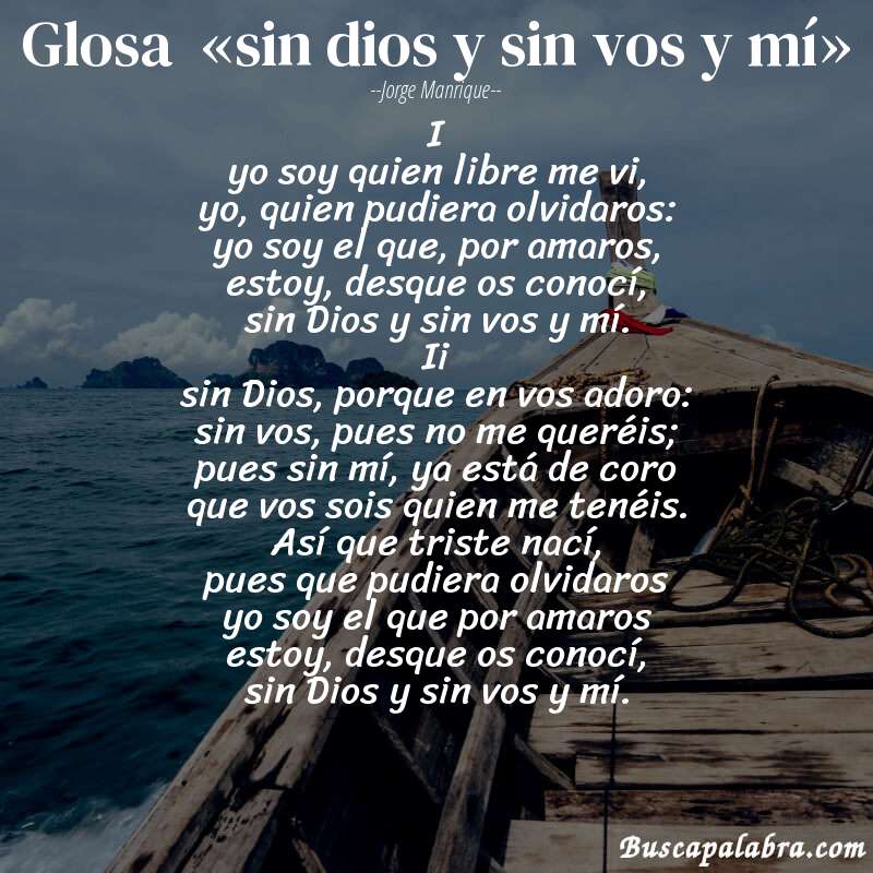 Poema glosa  «sin dios y sin vos y mí» de Jorge Manrique con fondo de barca