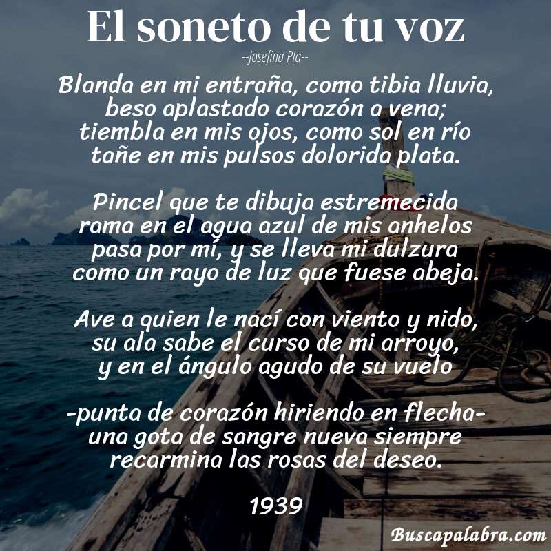 Poema el soneto de tu voz de Josefina Pla con fondo de barca