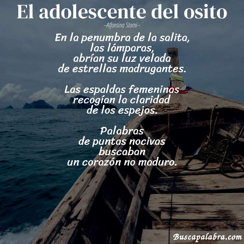 Poema El adolescente del osito de Alfonsina Storni con fondo de barca