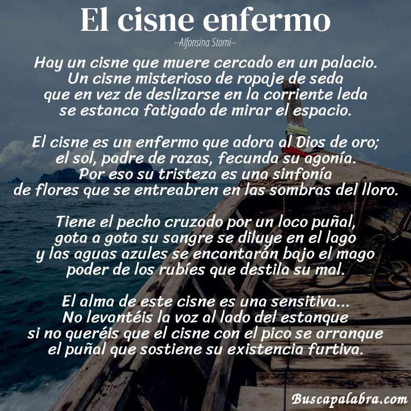 Poema El cisne enfermo de Alfonsina Storni con fondo de barca
