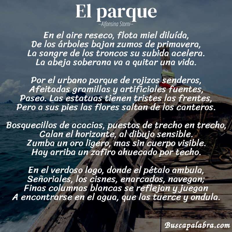 Poema El parque de Alfonsina Storni con fondo de barca