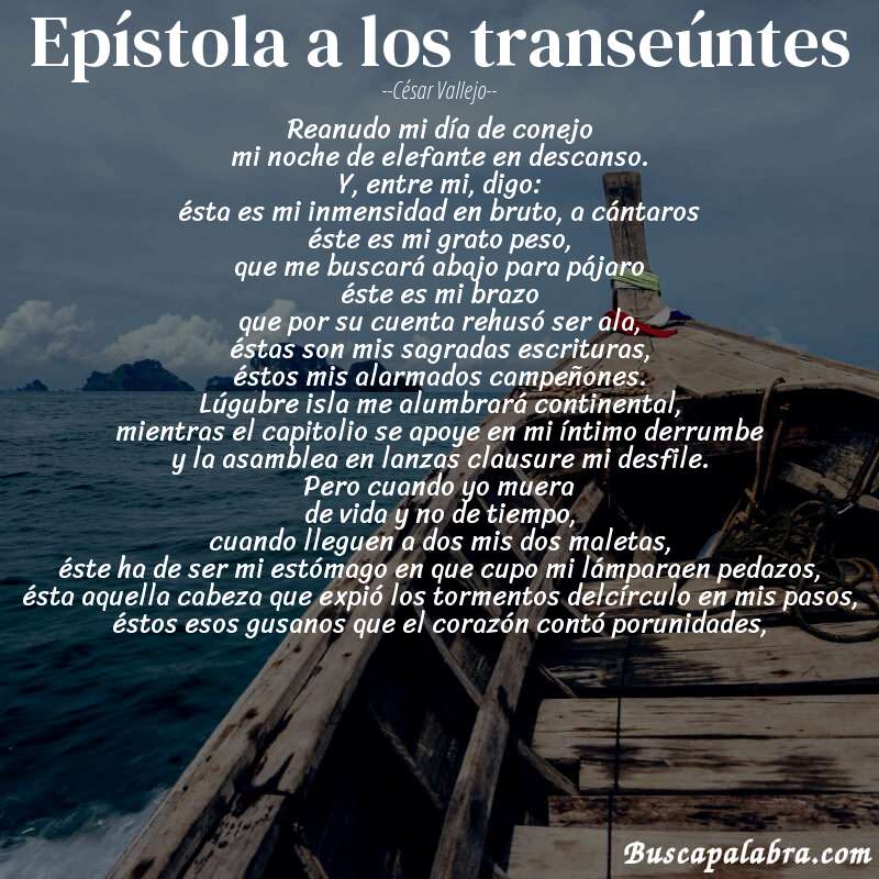 Poema epístola a los transeúntes de César Vallejo con fondo de barca