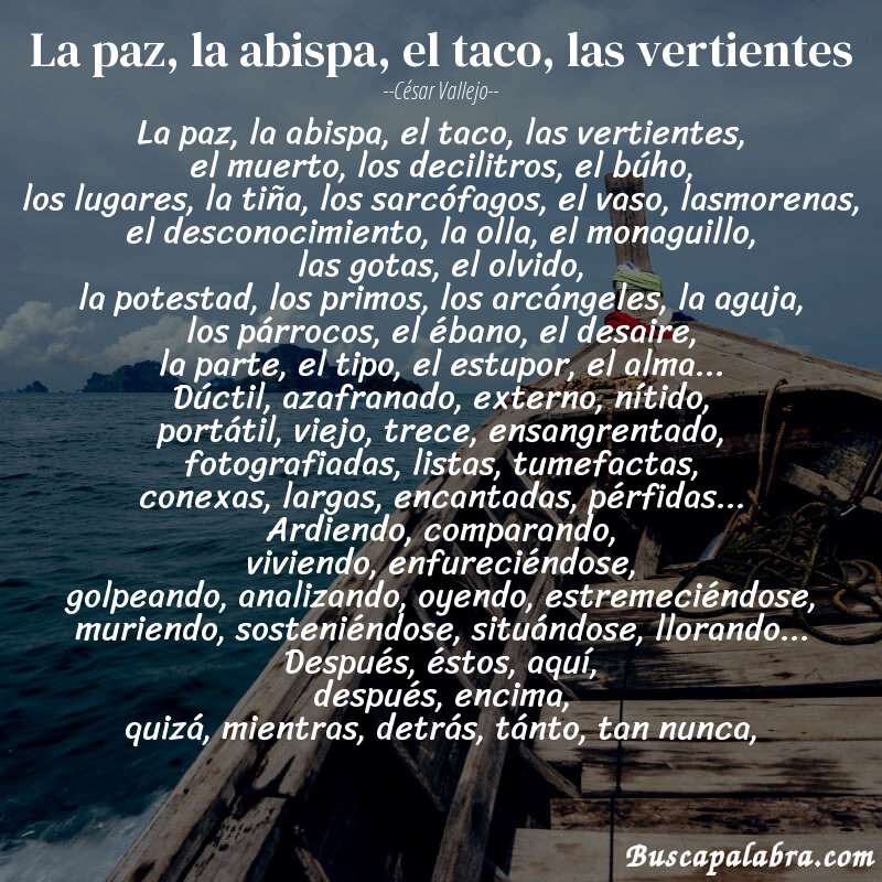 Poema la paz, la abispa, el taco, las vertientes de César Vallejo con fondo de barca