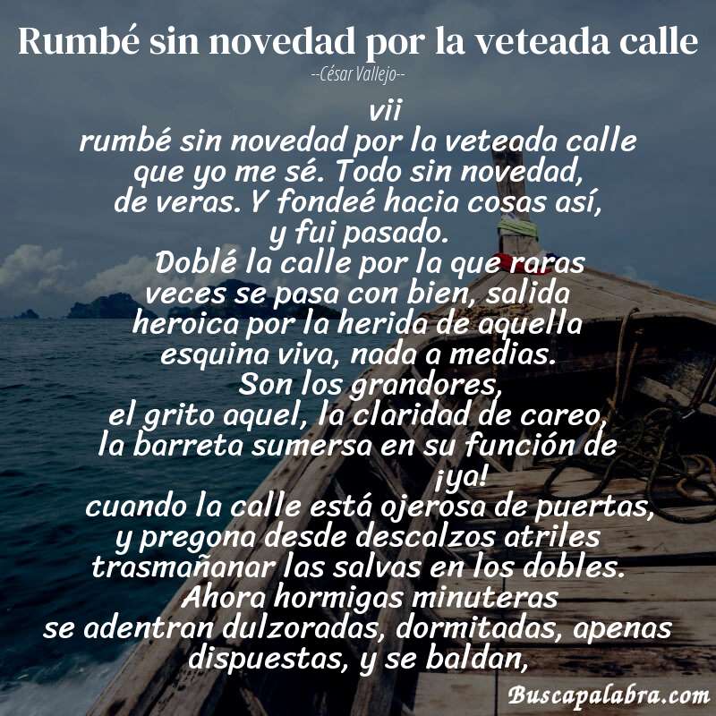 Poema rumbé sin novedad por la veteada calle de César Vallejo con fondo de barca