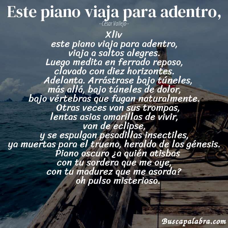 Poema este piano viaja para adentro, de César Vallejo con fondo de barca
