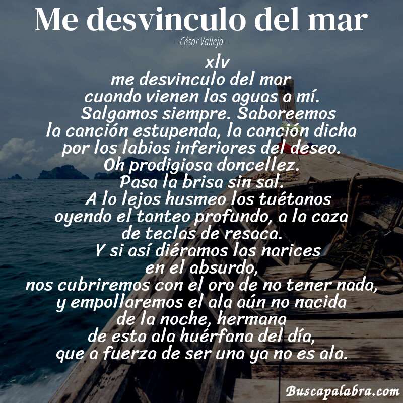 Poema me desvinculo del mar de César Vallejo con fondo de barca