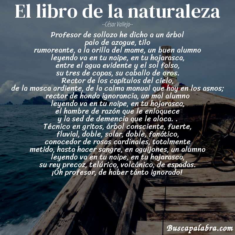 Poema el libro de la naturaleza de César Vallejo con fondo de barca