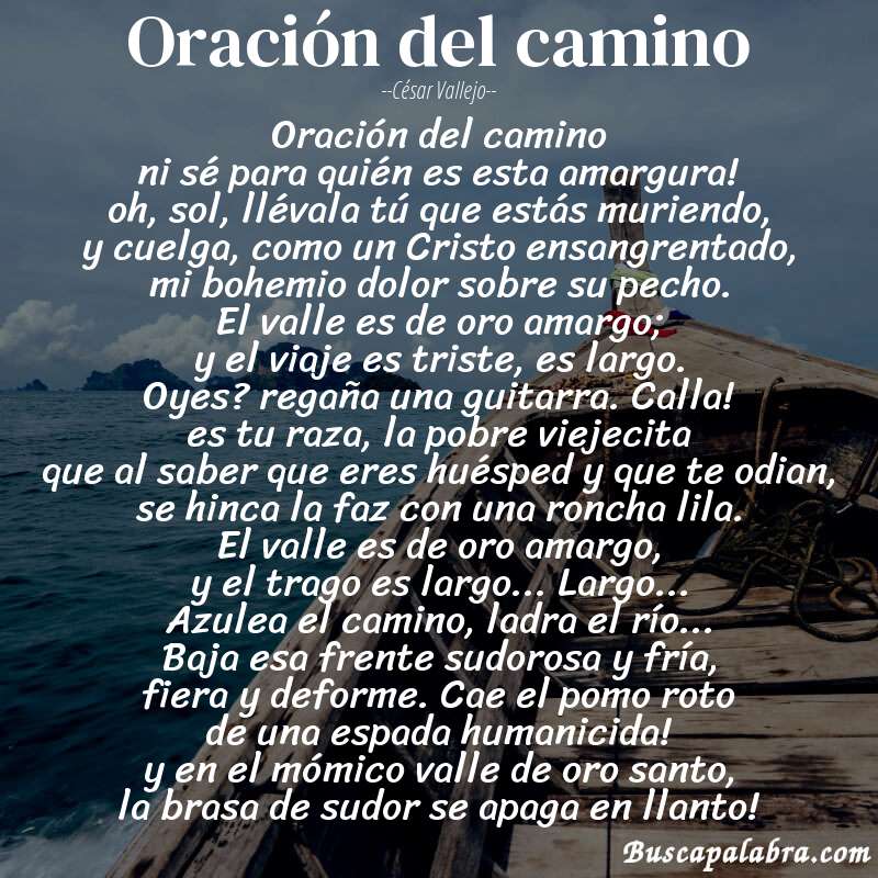 Poema oración del camino de César Vallejo con fondo de barca