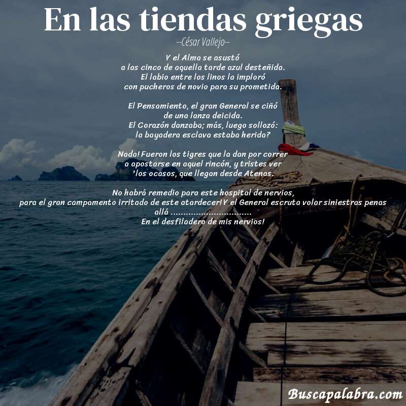 Poema En las tiendas griegas de César Vallejo con fondo de barca