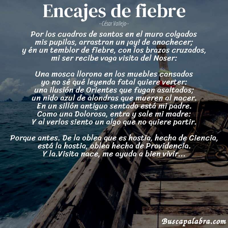 Poema Encajes de fiebre de César Vallejo con fondo de barca