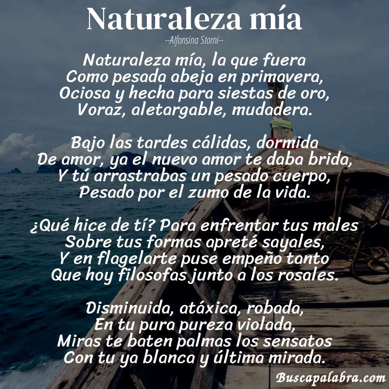 Poema Naturaleza mía de Alfonsina Storni con fondo de barca