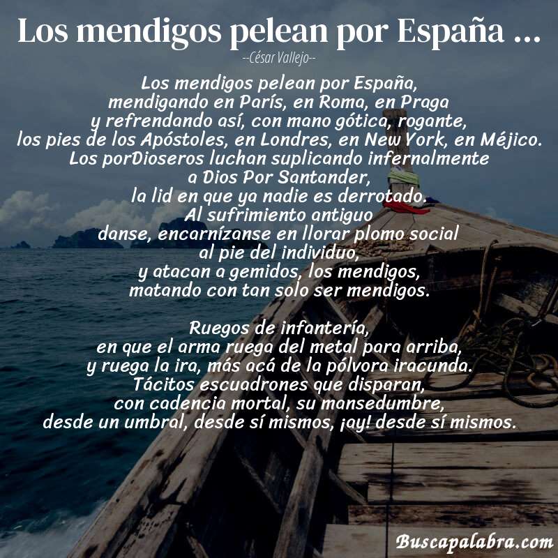 Poema Los mendigos pelean por España ... de César Vallejo con fondo de barca