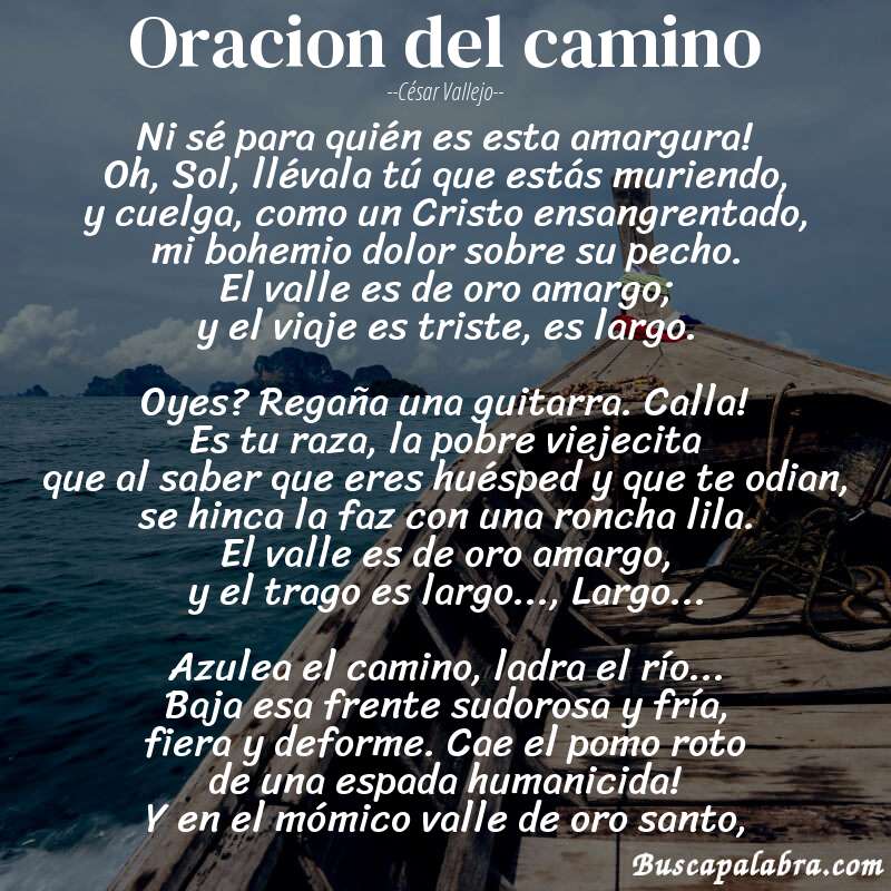Poema Oracion del camino de César Vallejo con fondo de barca
