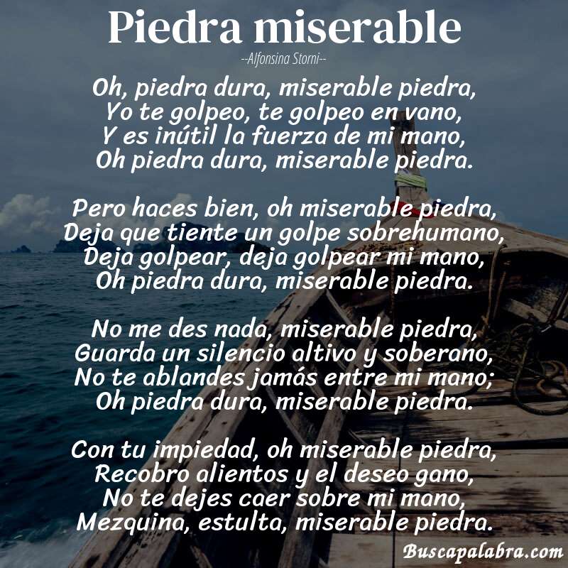 Poema Piedra miserable de Alfonsina Storni con fondo de barca