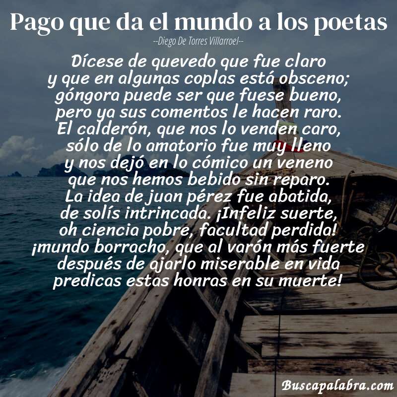 Poema pago que da el mundo a los poetas de Diego de Torres Villarroel con fondo de barca