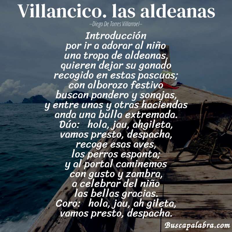 Poema villancico. las aldeanas de Diego de Torres Villarroel con fondo de barca