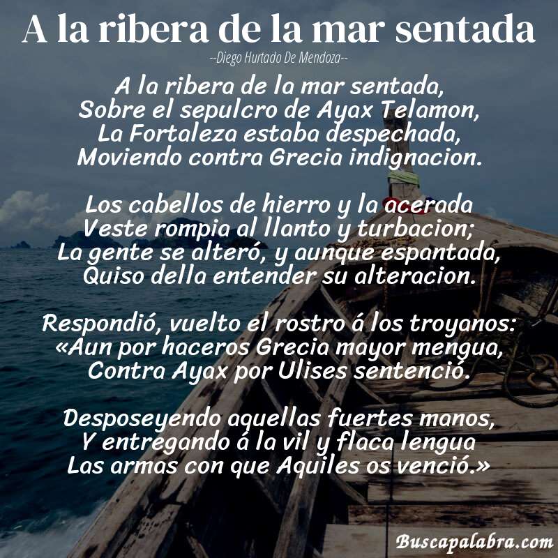 Poema A la ribera de la mar sentada de Diego Hurtado de Mendoza con fondo de barca