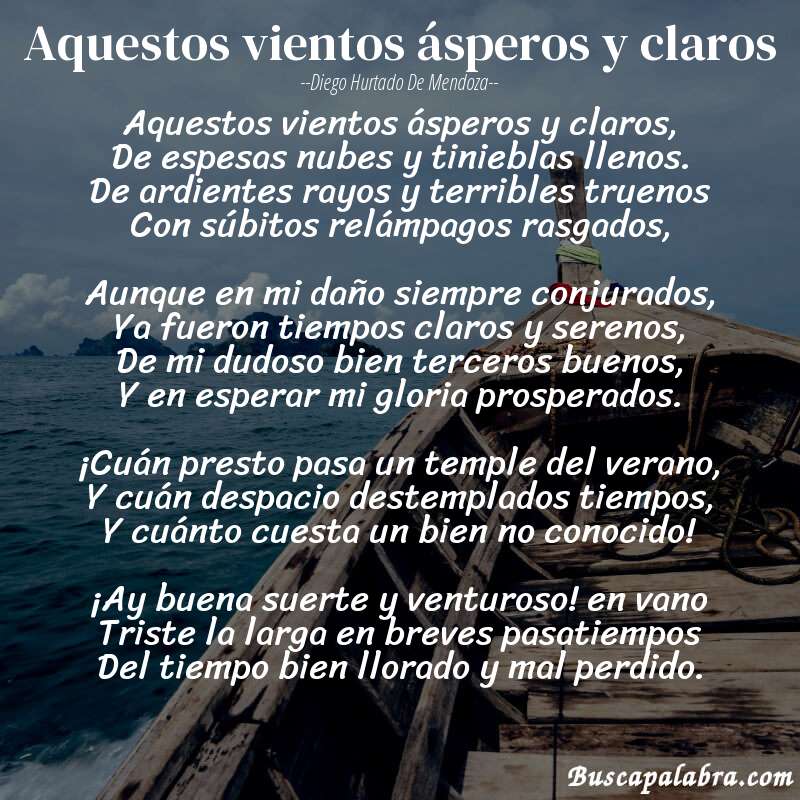 Poema Aquestos vientos ásperos y claros de Diego Hurtado de Mendoza con fondo de barca