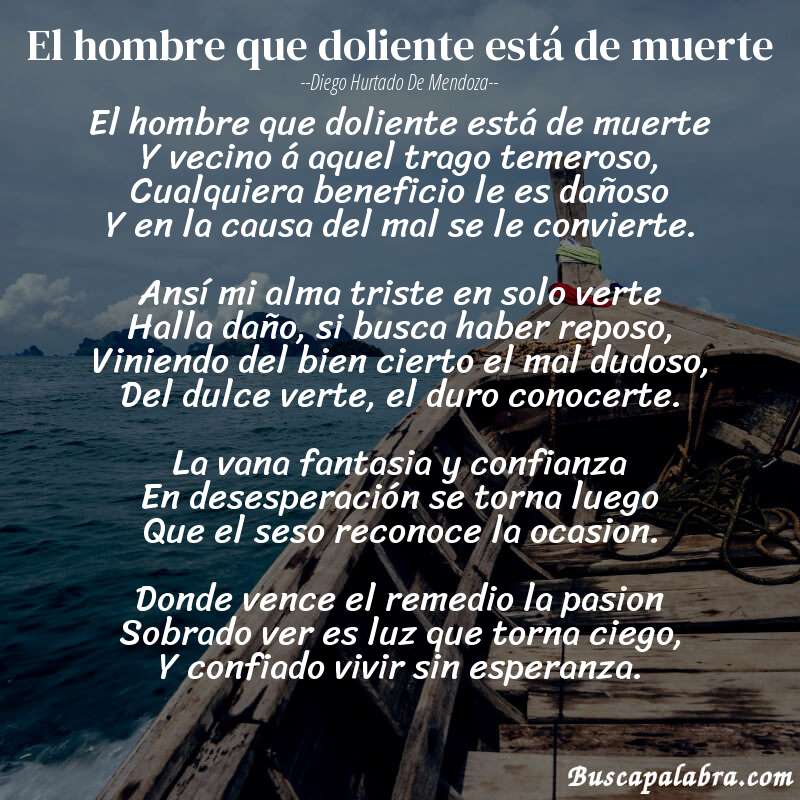 Poema El hombre que doliente está de muerte de Diego Hurtado de Mendoza con fondo de barca