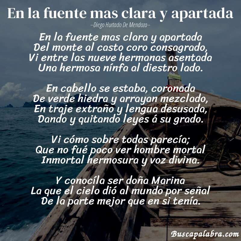 Poema En la fuente mas clara y apartada de Diego Hurtado de Mendoza con fondo de barca
