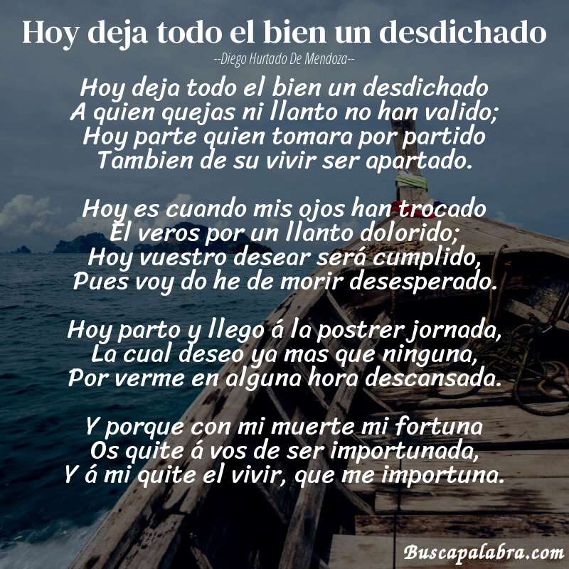 Poema Hoy deja todo el bien un desdichado de Diego Hurtado de Mendoza con fondo de barca