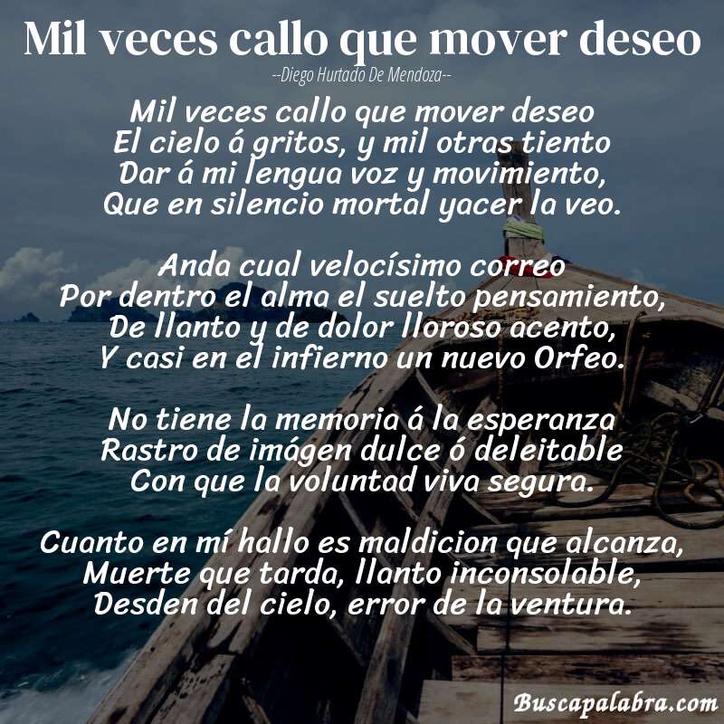 Poema Mil veces callo que mover deseo de Diego Hurtado de Mendoza con fondo de barca