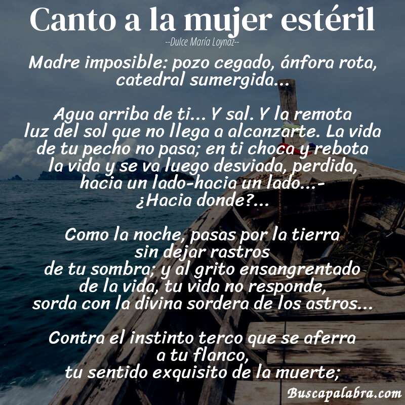 Poema canto a la mujer estéril de Dulce María Loynaz con fondo de barca