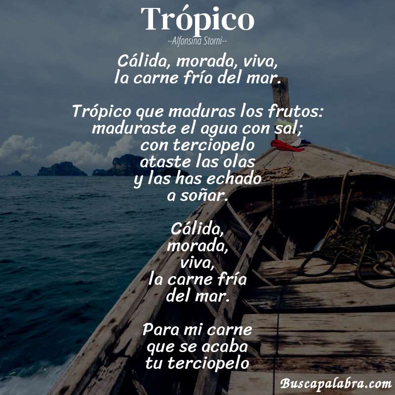 Poema Trópico de Alfonsina Storni con fondo de barca