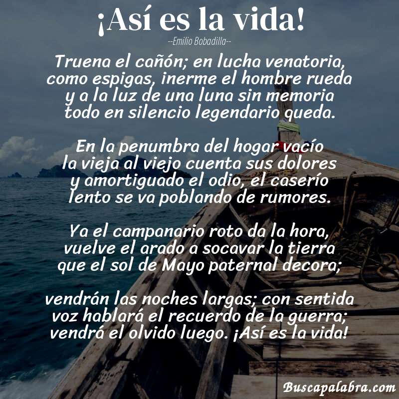 Poema ¡Así es la vida! de Emilio Bobadilla con fondo de barca