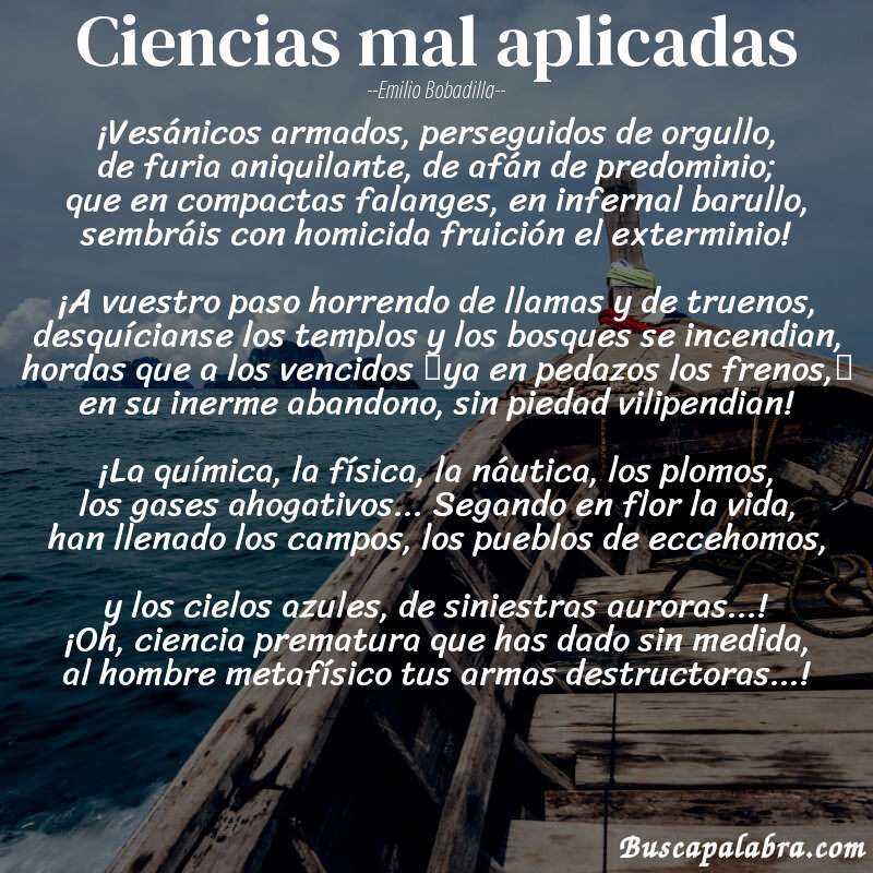 Poema Ciencias mal aplicadas de Emilio Bobadilla con fondo de barca