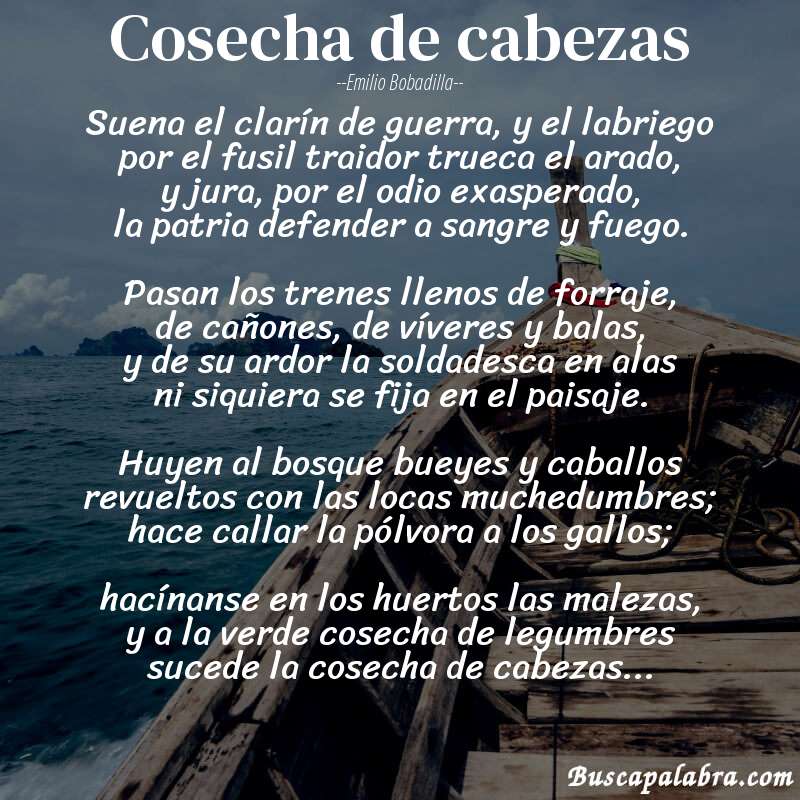 Poema Cosecha de cabezas de Emilio Bobadilla con fondo de barca