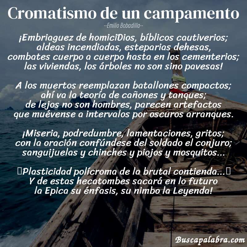 Poema Cromatismo de un campamento de Emilio Bobadilla con fondo de barca