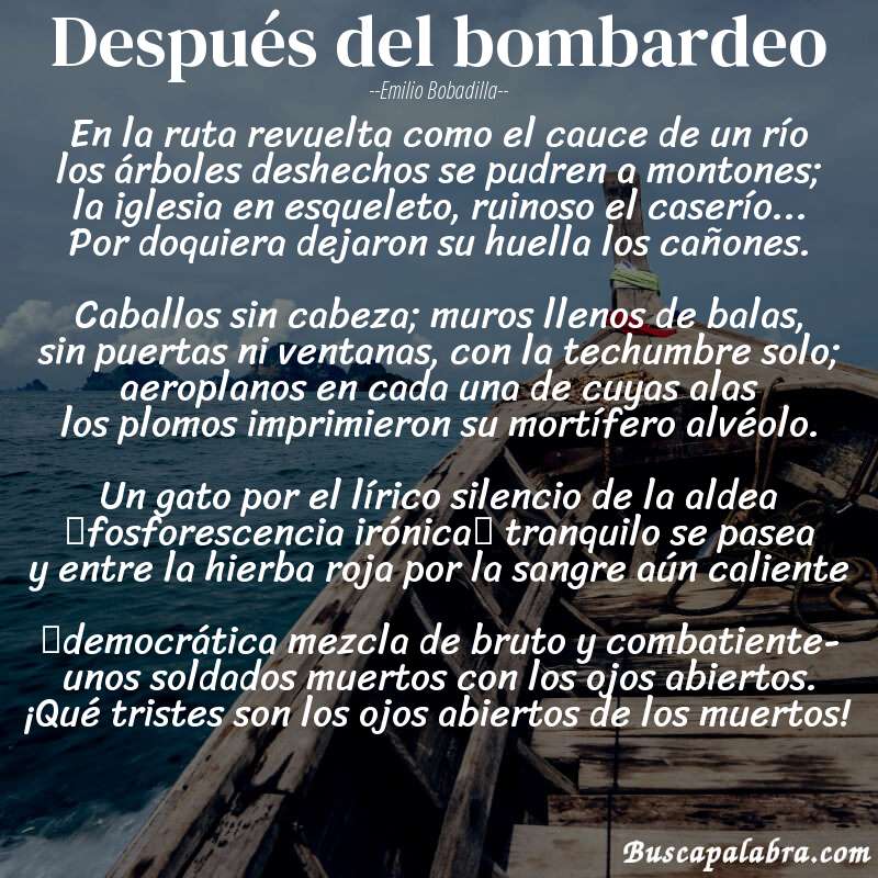 Poema Después del bombardeo de Emilio Bobadilla con fondo de barca