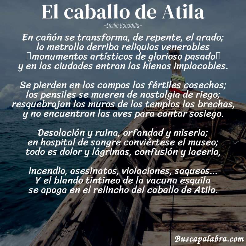 Poema El caballo de Atila de Emilio Bobadilla con fondo de barca