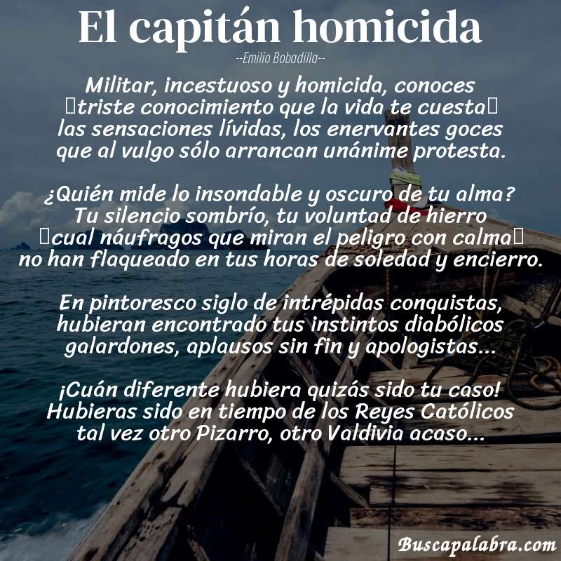 Poema El capitán homicida de Emilio Bobadilla con fondo de barca