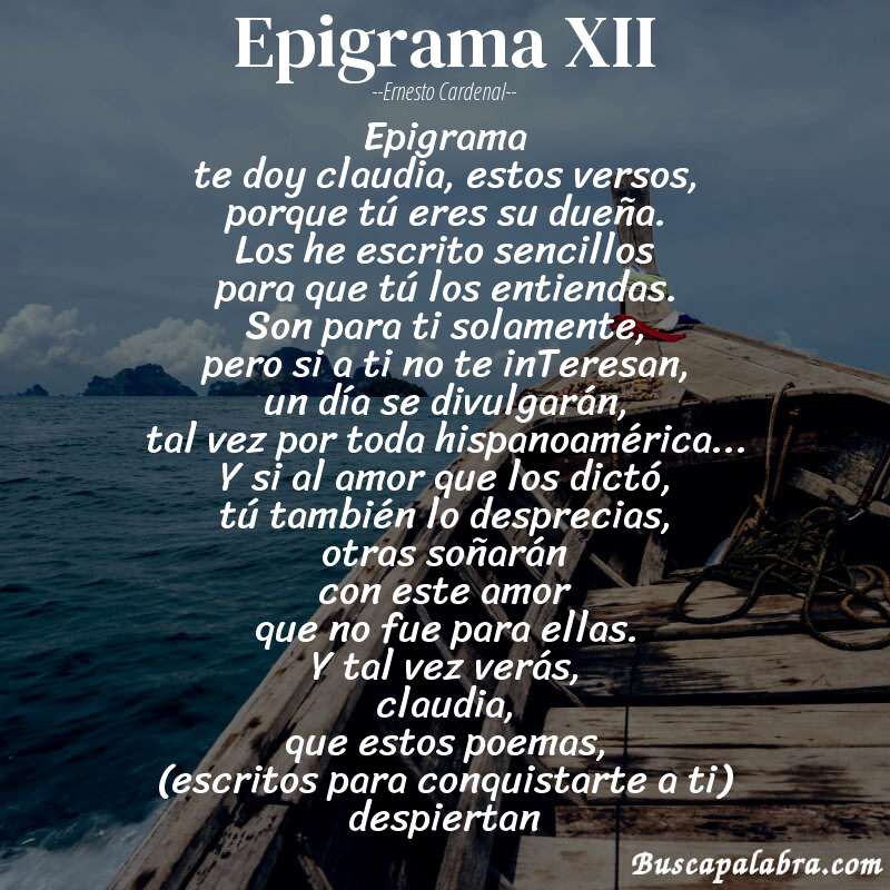 Poema epigrama XII de Ernesto Cardenal con fondo de barca