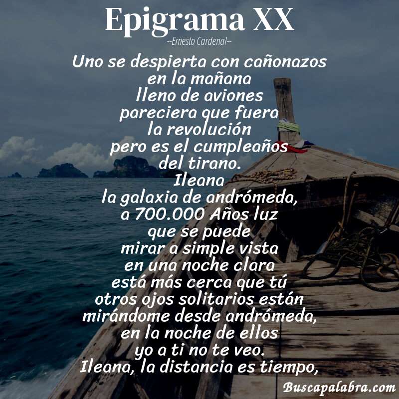 Poema epigrama XX de Ernesto Cardenal con fondo de barca