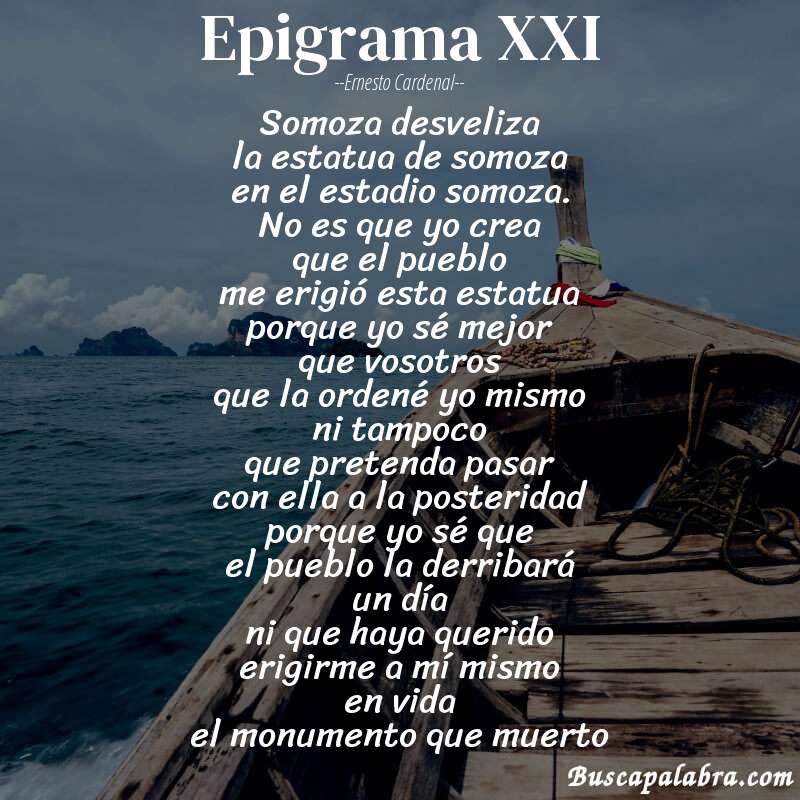 Poema epigrama XXI de Ernesto Cardenal con fondo de barca