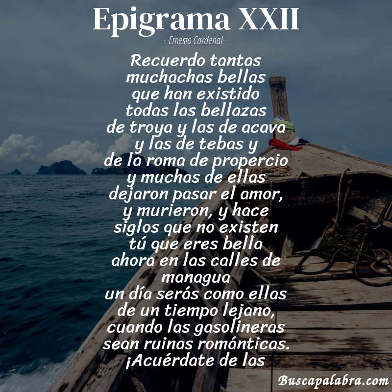 Poema epigrama XXII de Ernesto Cardenal con fondo de barca