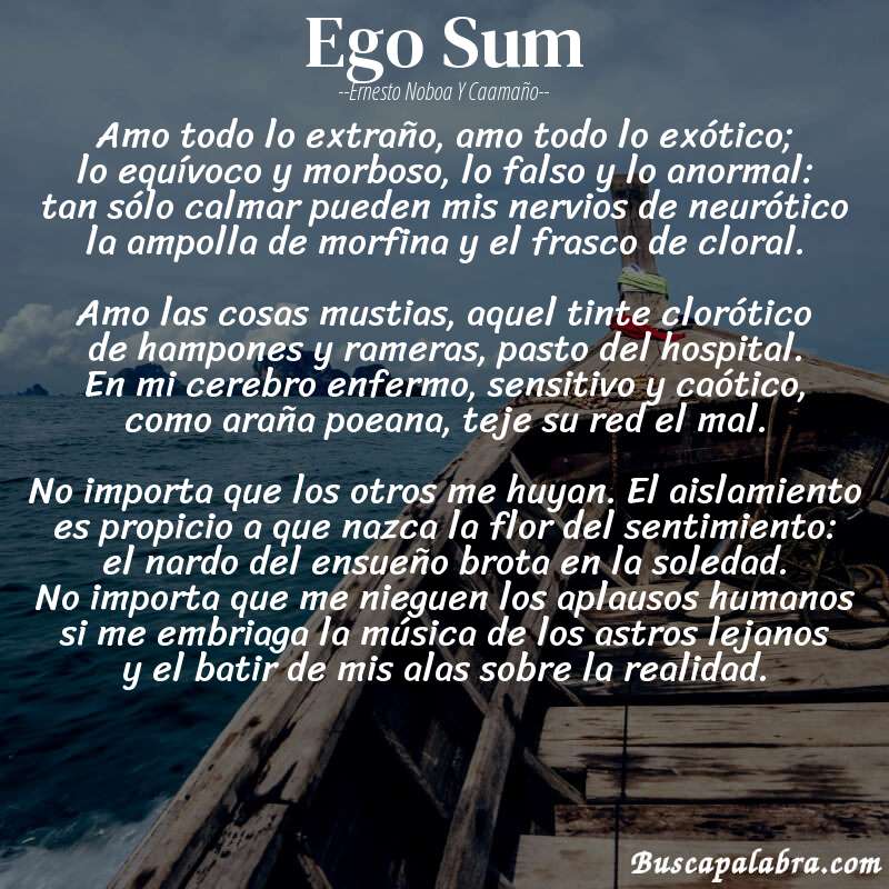 Poema Ego Sum de Ernesto Noboa y Caamaño con fondo de barca