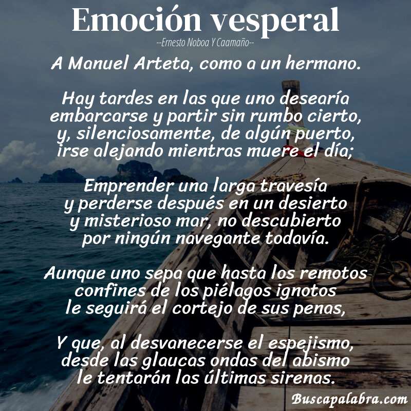 Poema Emoción vesperal de Ernesto Noboa y Caamaño con fondo de barca