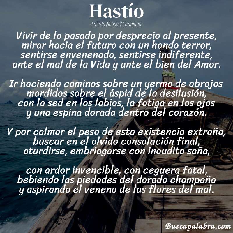 Poema Hastío de Ernesto Noboa y Caamaño con fondo de barca