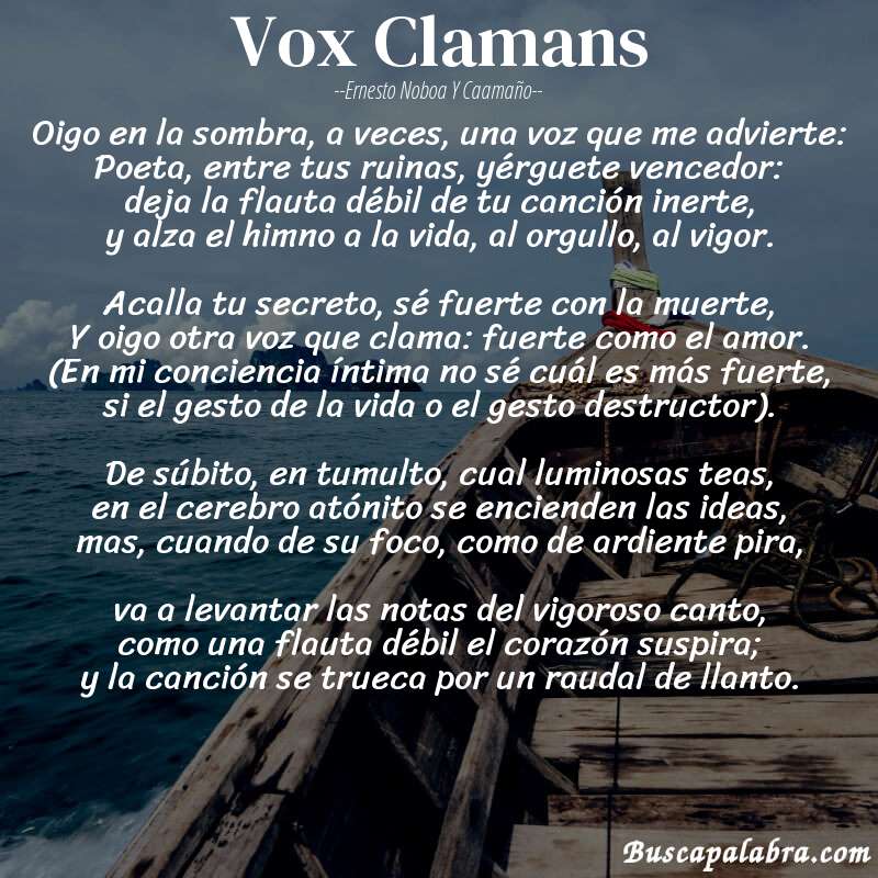 Poema Vox Clamans de Ernesto Noboa y Caamaño con fondo de barca