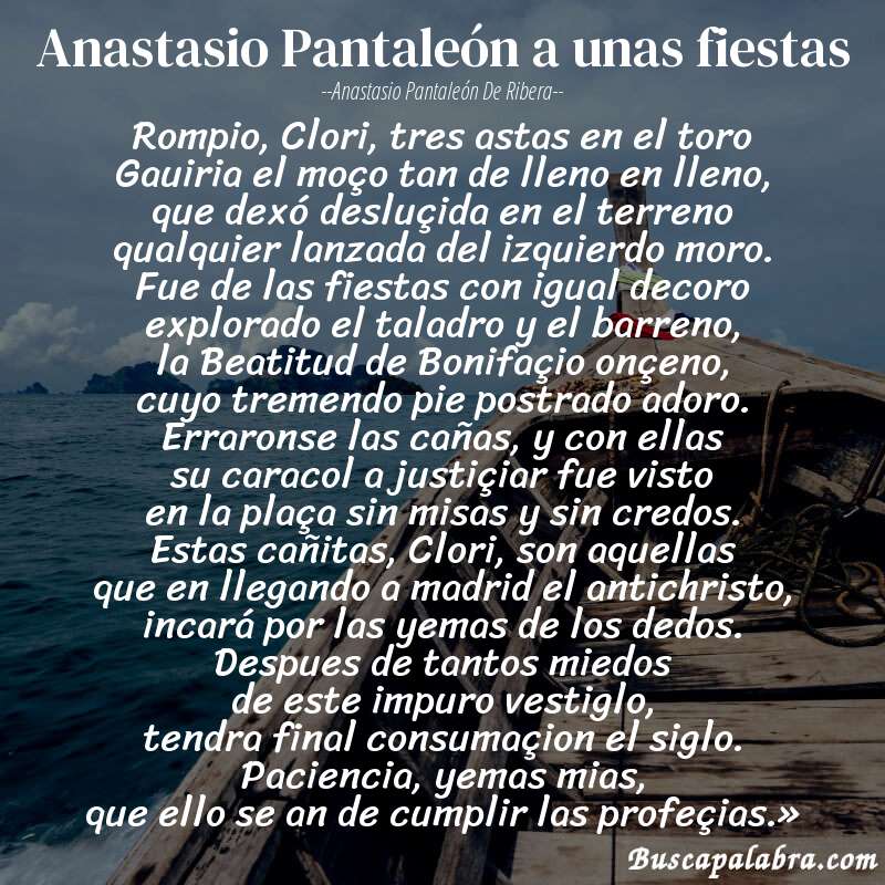 Poema Anastasio Pantaleón a unas fiestas de Anastasio Pantaleón de Ribera con fondo de barca