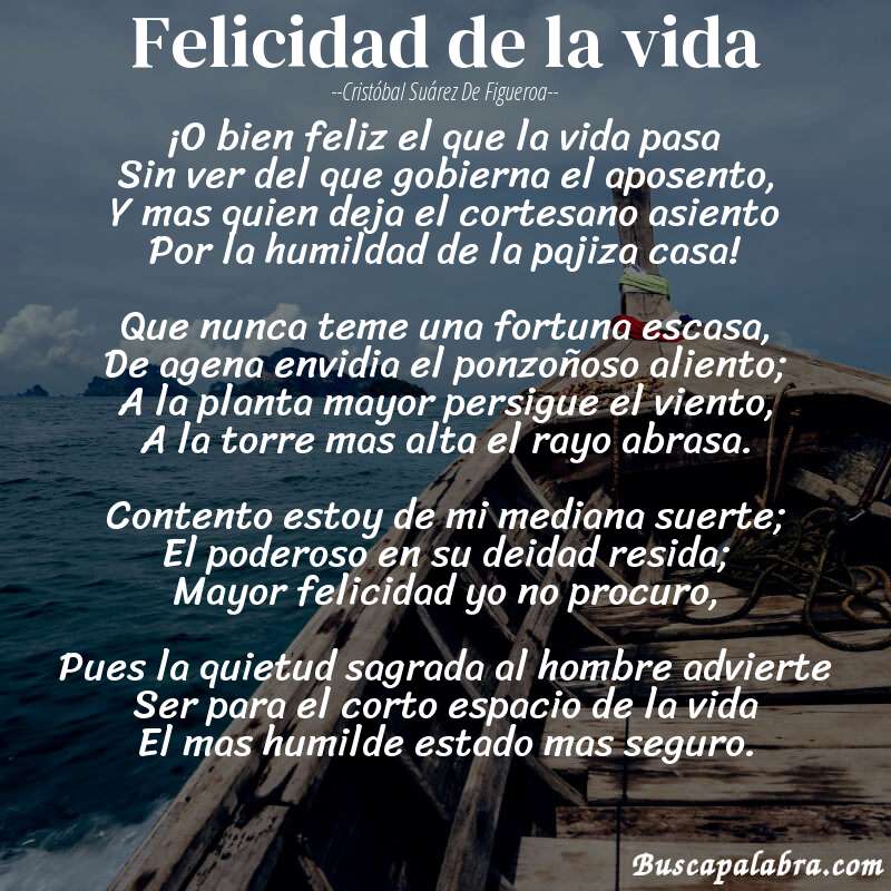 Poema Felicidad de la vida de Cristóbal Suárez de Figueroa con fondo de barca