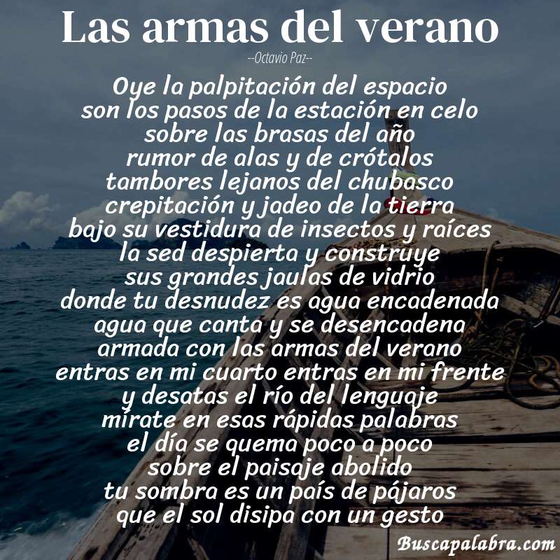 Poema las armas del verano de Octavio Paz con fondo de barca