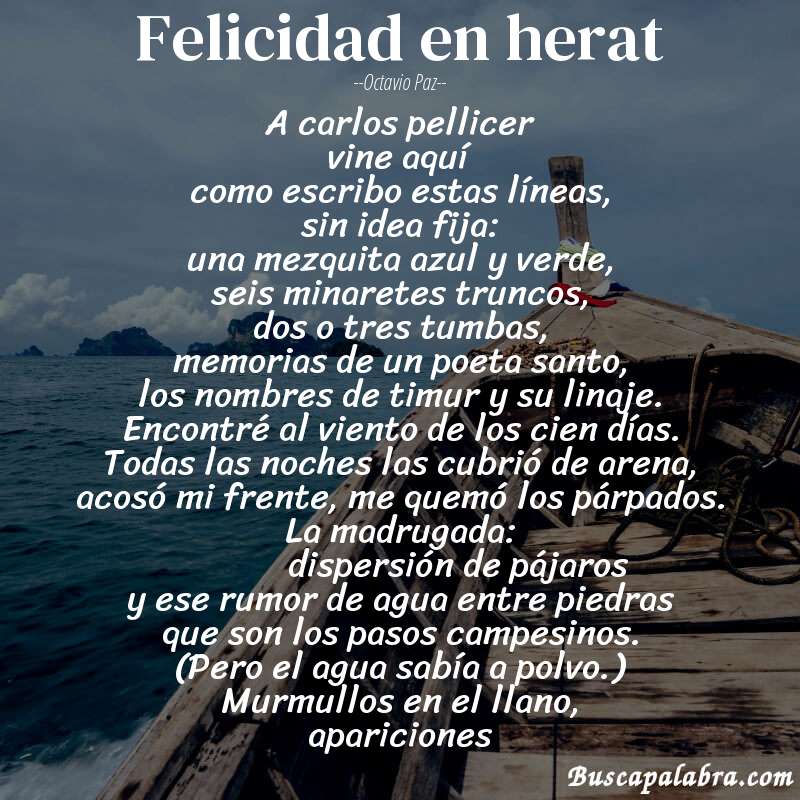 Poema felicidad en herat de Octavio Paz con fondo de barca
