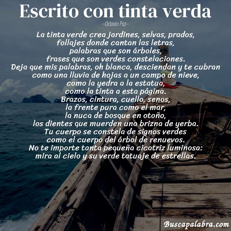 Poema escrito con tinta verda de Octavio Paz con fondo de barca